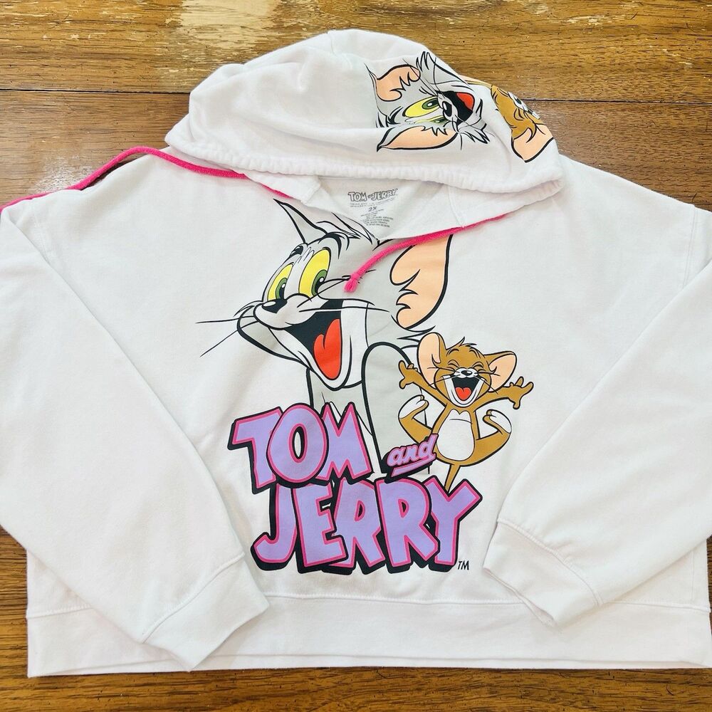 Tom and Jerry Women's 2X White Graphic Boxy Cropped Hoodie Neon Pink Drawstring